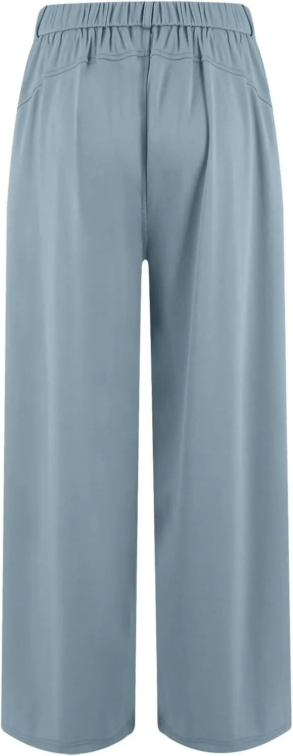 Wide Leg Pants for Women Business Palazzo Pants Lightweight High Waist Button Regular Long Trousers with Pockets