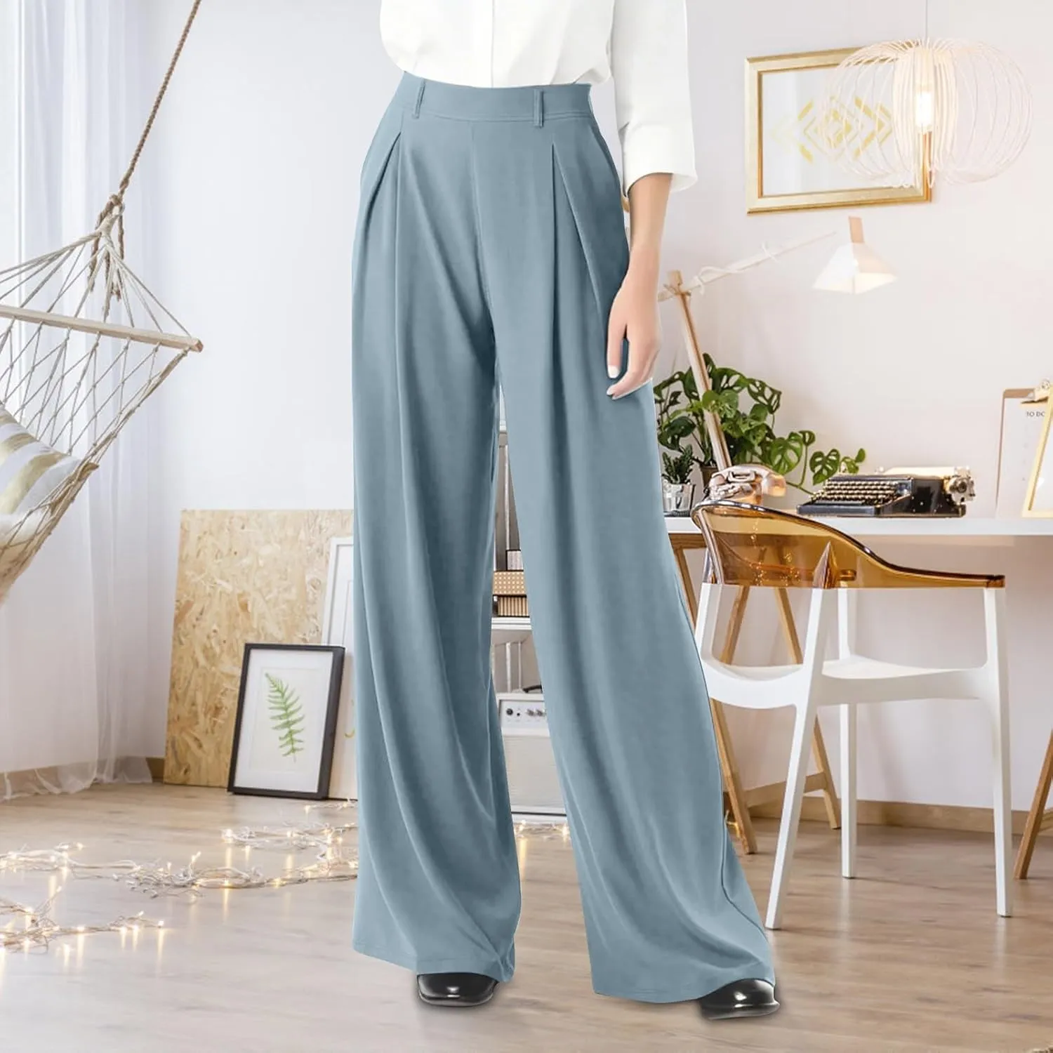 Wide Leg Pants for Women Business Palazzo Pants Lightweight High Waist Button Regular Long Trousers with Pockets