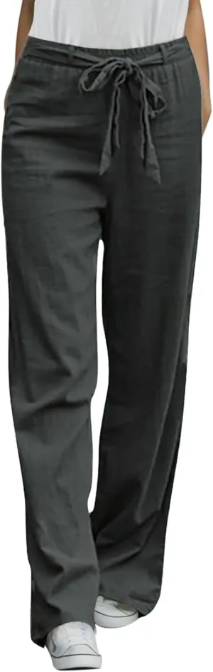 Women Cotton Linen Pants Elastic High Waisted Wide Leg Pants Loose Summer Beach Trousers Pants with Drawstring