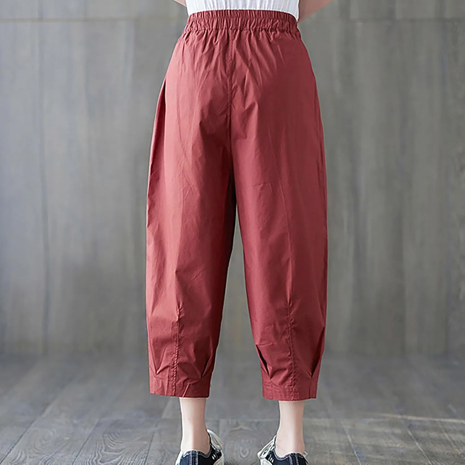 Women Cotton Linen Trousers Loose Capri Pants 3/4 Length Trouser Cropped Pant Breathable Wide Leg Capris with Pockets