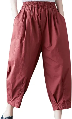 Women Cotton Linen Trousers Loose Capri Pants 3/4 Length Trouser Cropped Pant Breathable Wide Leg Capris with Pockets