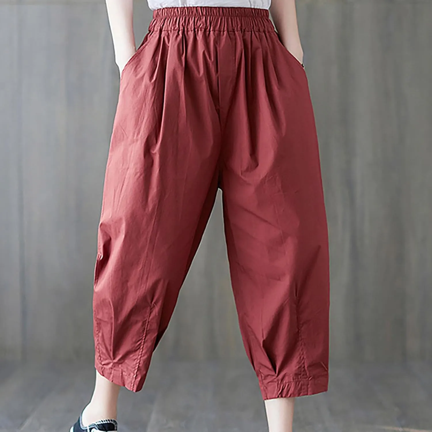 Women Cotton Linen Trousers Loose Capri Pants 3/4 Length Trouser Cropped Pant Breathable Wide Leg Capris with Pockets