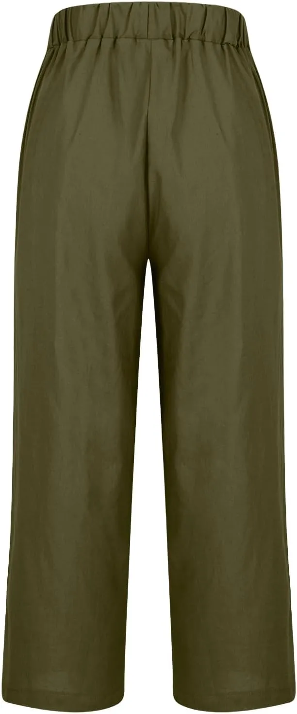 Womens Casual Linen High Waist Drawstring Pants Loose Fit Summer Beach Wide Leg Cropped Trousers with Pockets