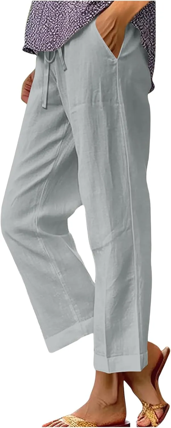 Womens Casual Linen High Waist Pants Drawstring Loose Fit Summer Beach Travel Cropped Trousers with Side Pockets