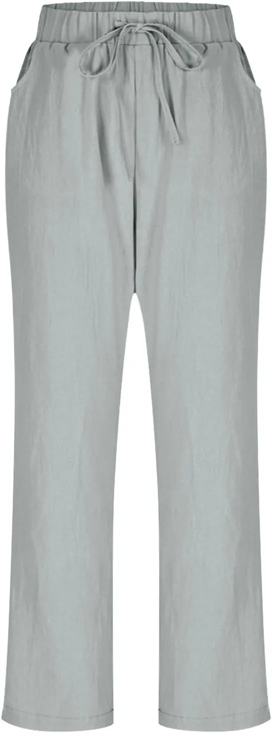 Womens Casual Linen High Waist Pants Drawstring Loose Fit Summer Beach Travel Cropped Trousers with Side Pockets
