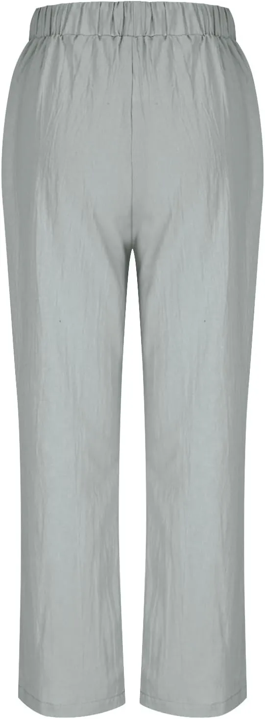 Womens Casual Linen High Waist Pants Drawstring Loose Fit Summer Beach Travel Cropped Trousers with Side Pockets