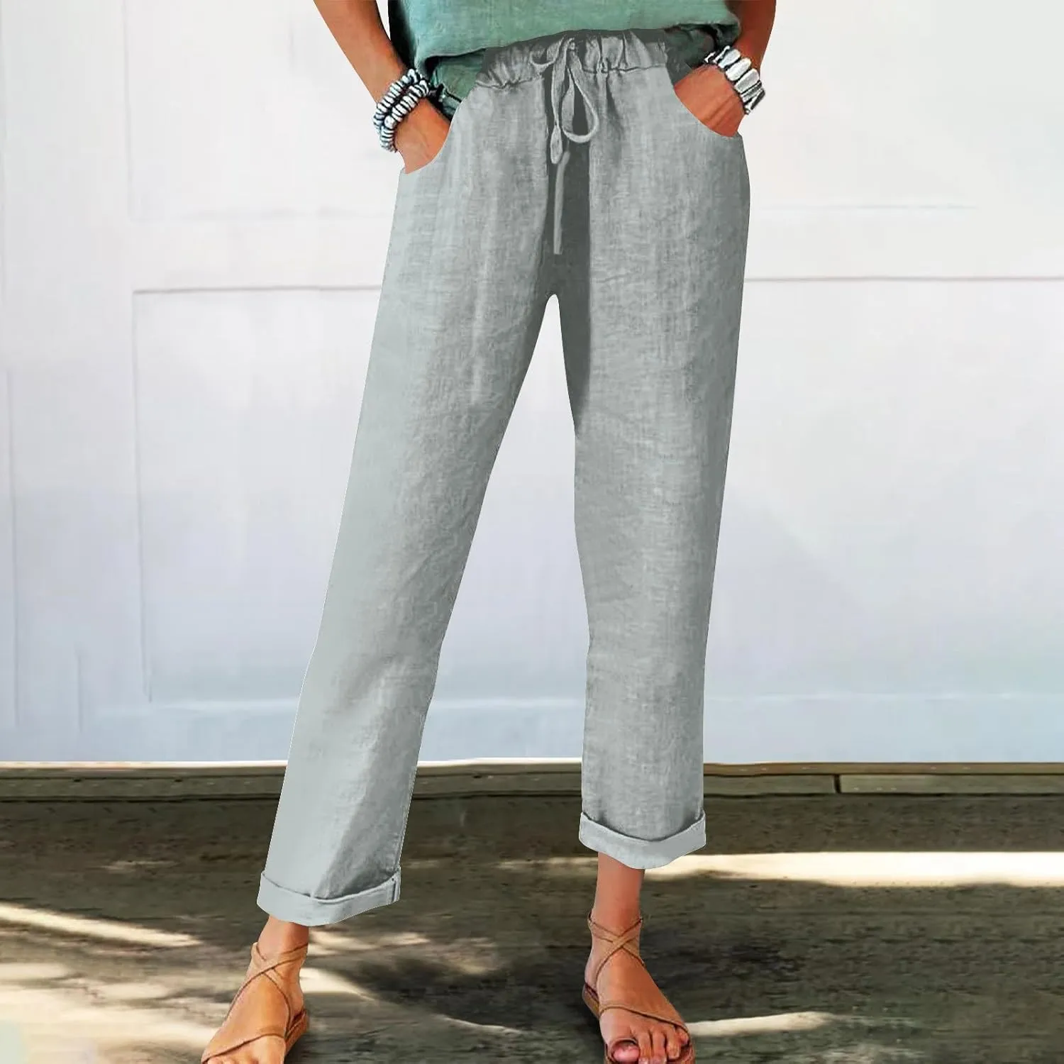 Womens Casual Linen High Waist Pants Drawstring Loose Fit Summer Beach Travel Cropped Trousers with Side Pockets
