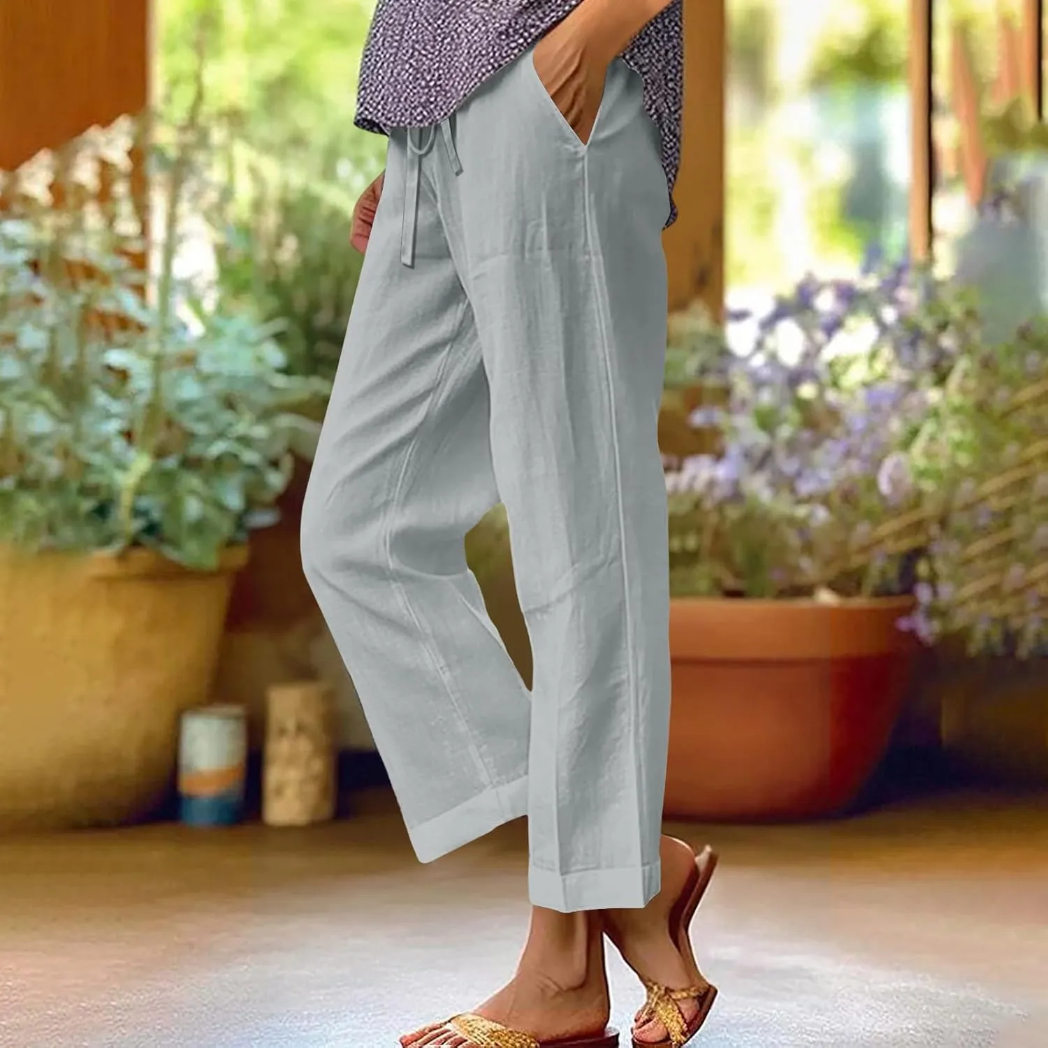 Womens Casual Linen High Waist Pants Drawstring Loose Fit Summer Beach Travel Cropped Trousers with Side Pockets