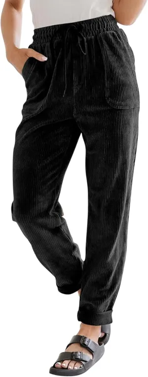 Womens Corduroy Pants Casual Drawstring High Waist Straight Leg Pants Vintage Loose Comfy Pants Trousers with Pockets