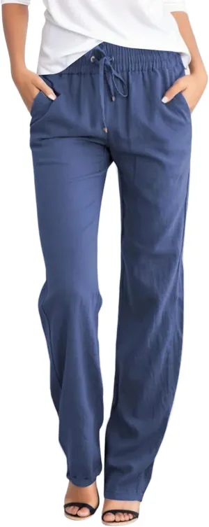 Women's Linen Blend Summer Loose Pant Trousers Elastic Waist Stretchy Plus Size Pants Vacation