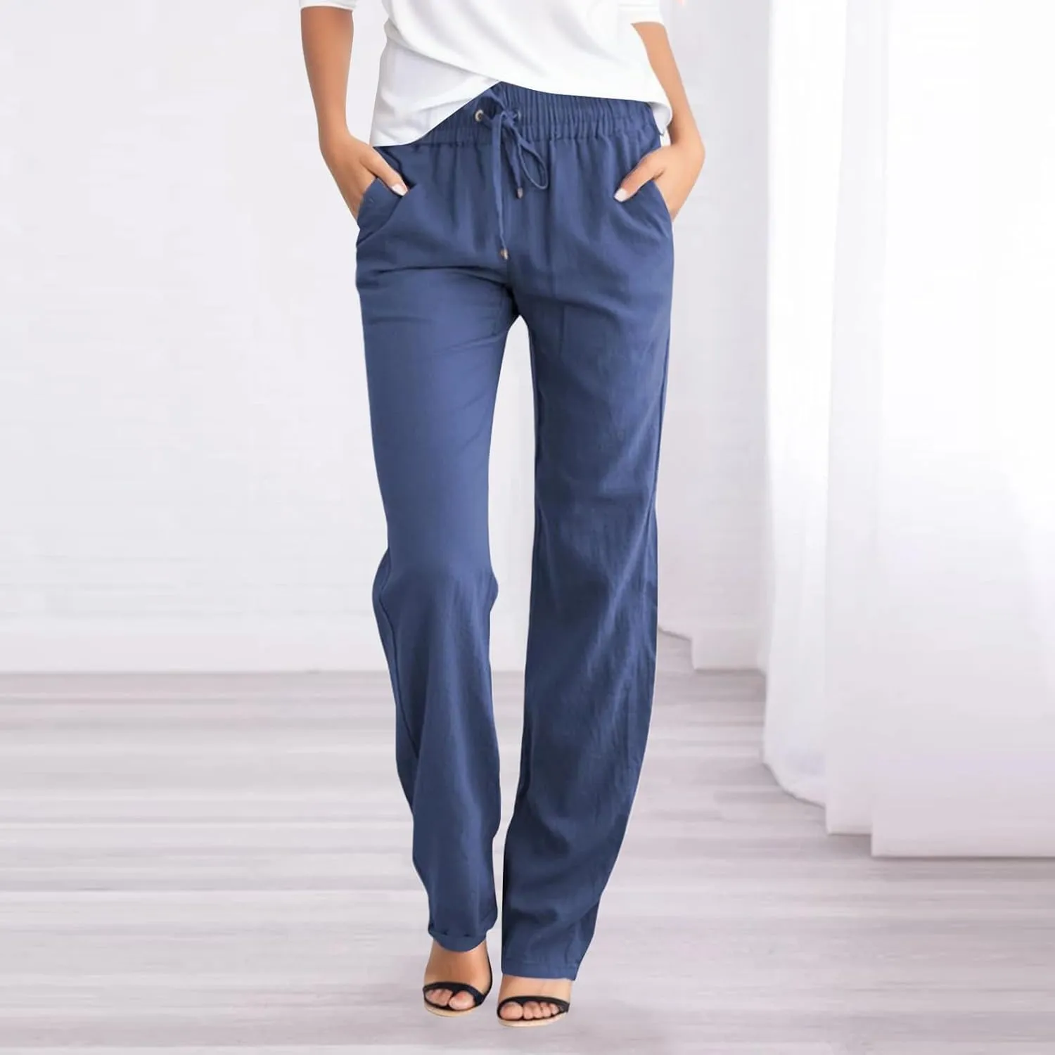 Women's Linen Blend Summer Loose Pant Trousers Elastic Waist Stretchy Plus Size Pants Vacation