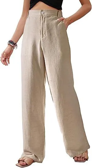 Womens Summer Pants 2024 Cotton Linen High Waisted Wide Leg Pant Beachwear Button-On Loose Casual Trousers