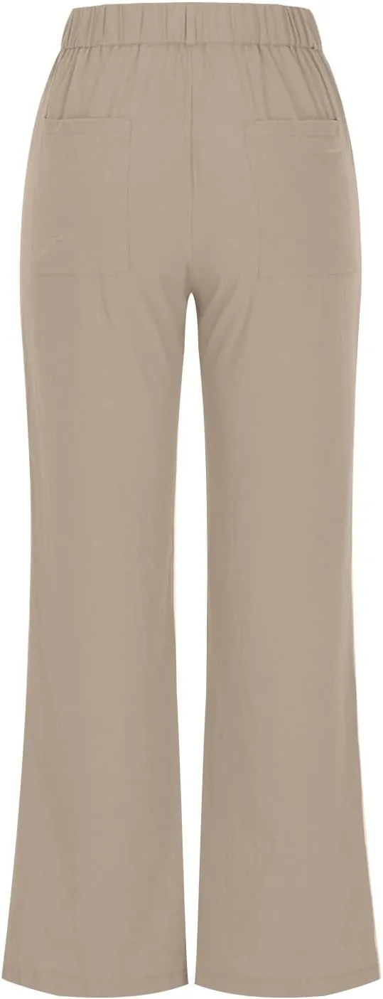 Womens Summer Pants 2024 Cotton Linen High Waisted Wide Leg Pant Beachwear Button-On Loose Casual Trousers