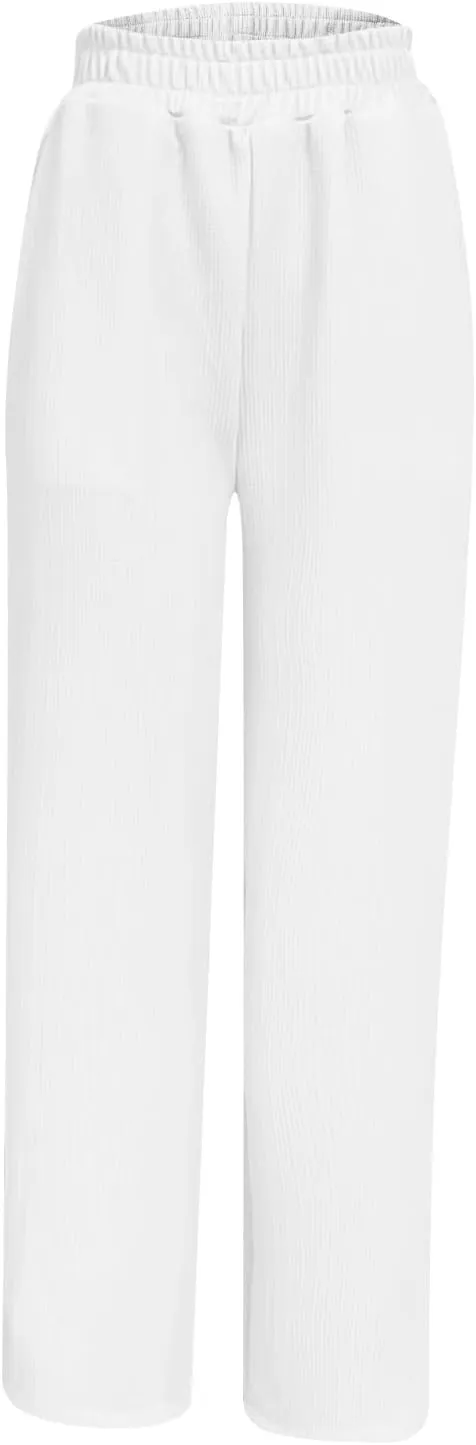 Women's Wide Leg Ribbed Knit Pants Trendy High Waist Elastic Straight Palazzo Pants Classic Casual Solid Trousers
