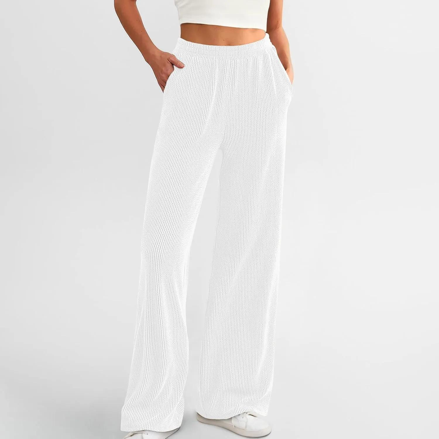 Women's Wide Leg Ribbed Knit Pants Trendy High Waist Elastic Straight Palazzo Pants Classic Casual Solid Trousers