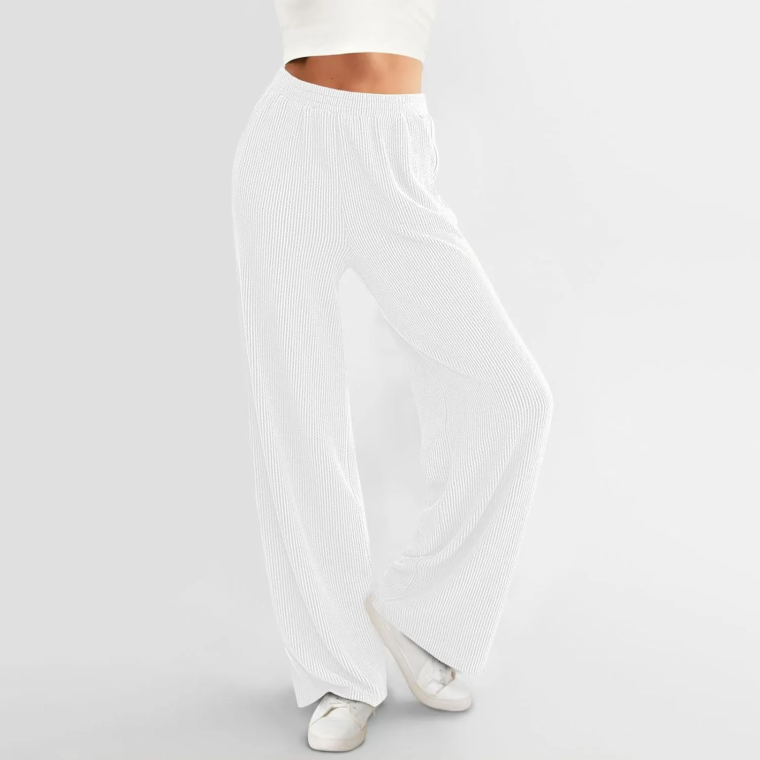 Women's Wide Leg Ribbed Knit Pants Trendy High Waist Elastic Straight Palazzo Pants Classic Casual Solid Trousers