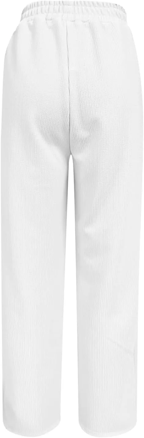 Women's Wide Leg Ribbed Knit Pants Trendy High Waist Elastic Straight Palazzo Pants Classic Casual Solid Trousers