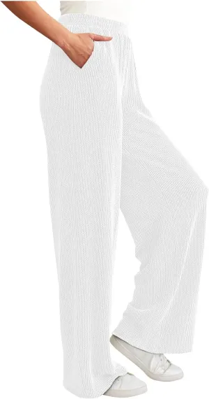 Women's Wide Leg Ribbed Knit Pants Trendy High Waist Elastic Straight Palazzo Pants Classic Casual Solid Trousers