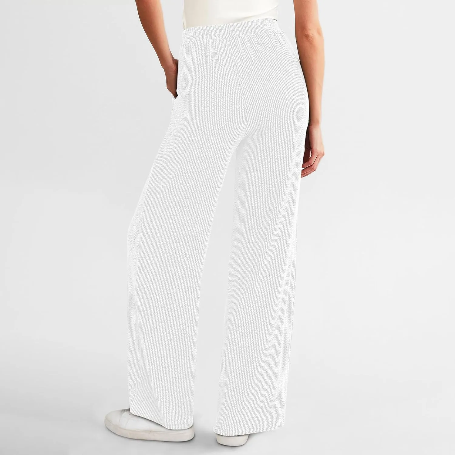 Women's Wide Leg Ribbed Knit Pants Trendy High Waist Elastic Straight Palazzo Pants Classic Casual Solid Trousers