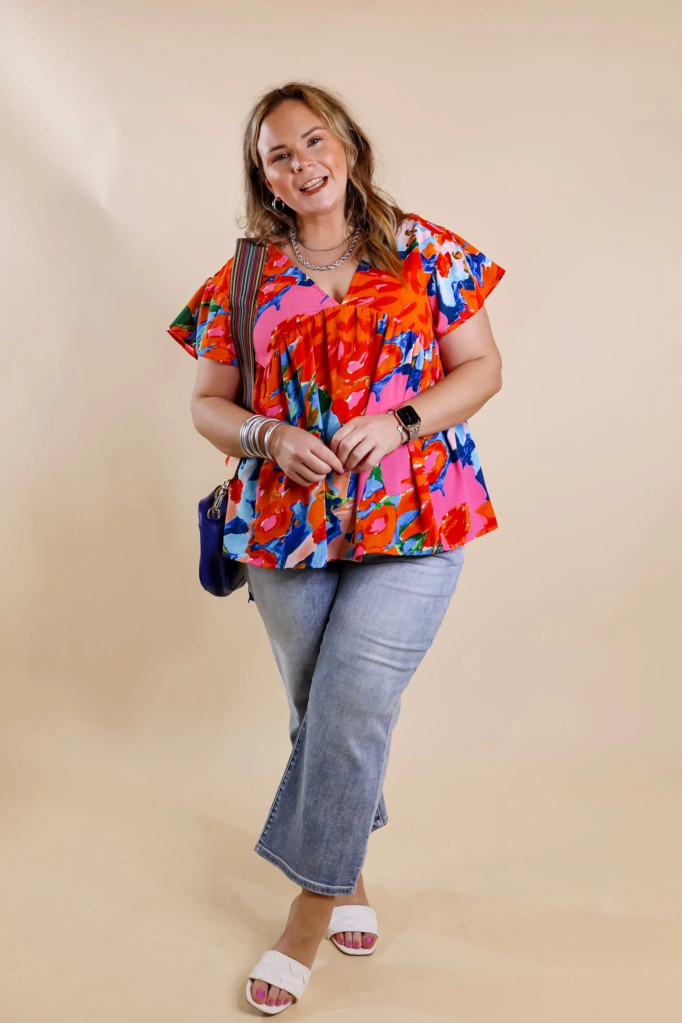 You Had Me At Aloha Watercolor Floral Top with V Neckline in Orange Mix
